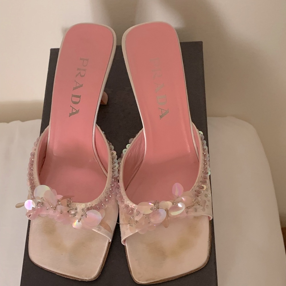 Prada  vintage size 38 1/2  Barbie Pink satin and embellished slides
